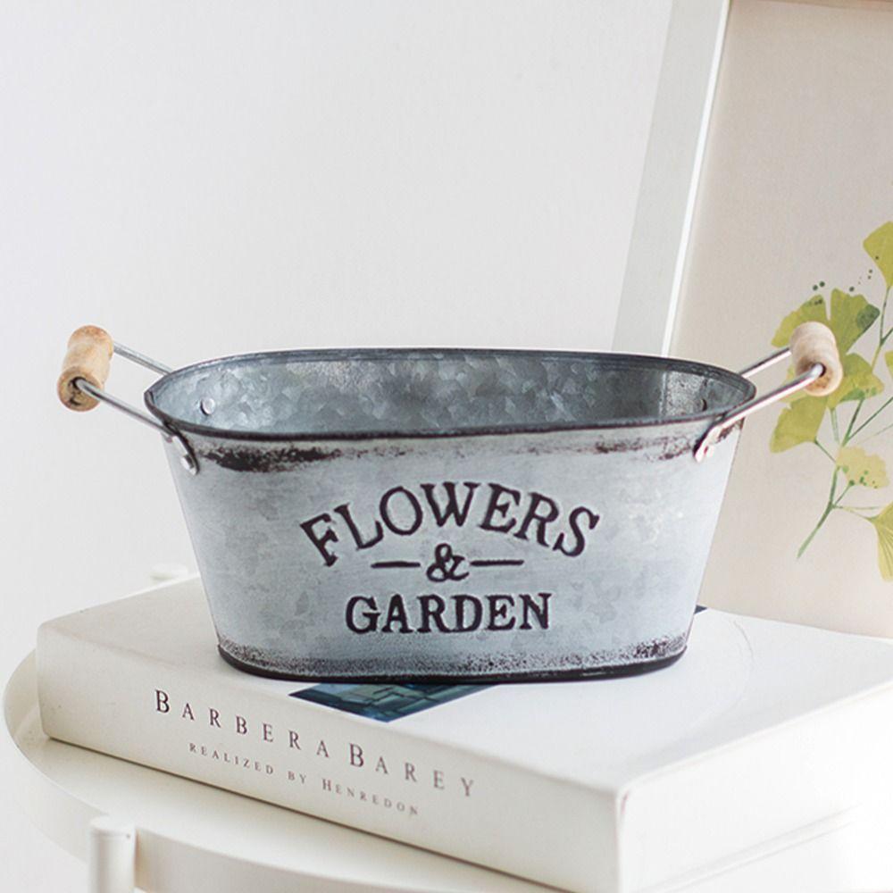 Rustic Iron Oval Flowerpot European Style Wooden Flower Bucket Retro Flower Vase  Succulent Plants