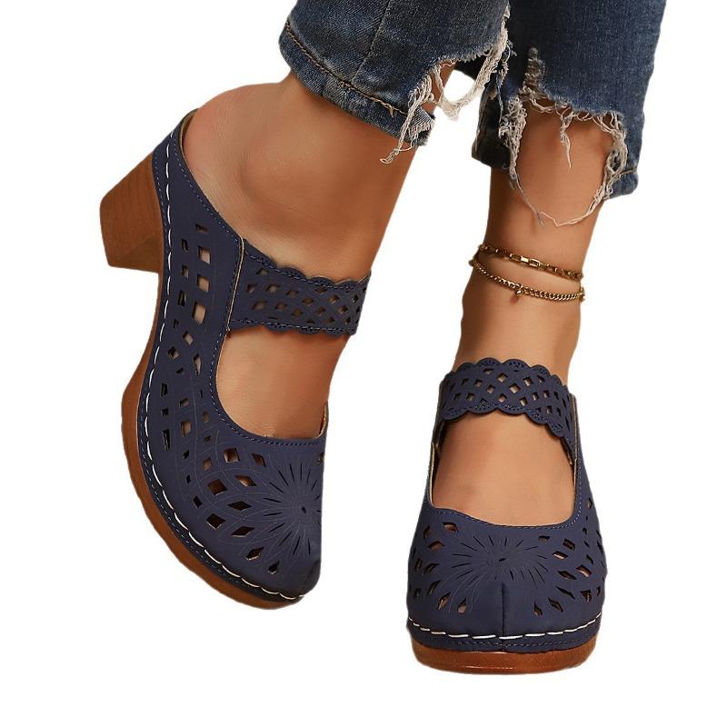 Летние новые женские сандалии большого размера, ретро шлепанцы на толстом каблуке, большой размер, полые, на танкетке, крутые женские шлепанцы