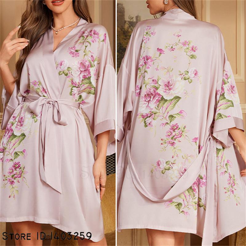 Плюс размер сексуальный женский халат пижамы шелковистый атласный кимоно халат платье юката китайский стиль принт филиал ночная рубашка повседневная домашняя одежда