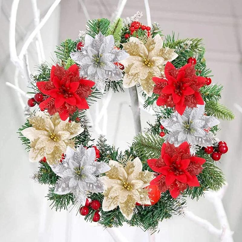 10 шт./упак. Рождественские цветы Сверкающие 14 см с зажимами Xmas DIY Блестящая Пуансеттия Венок