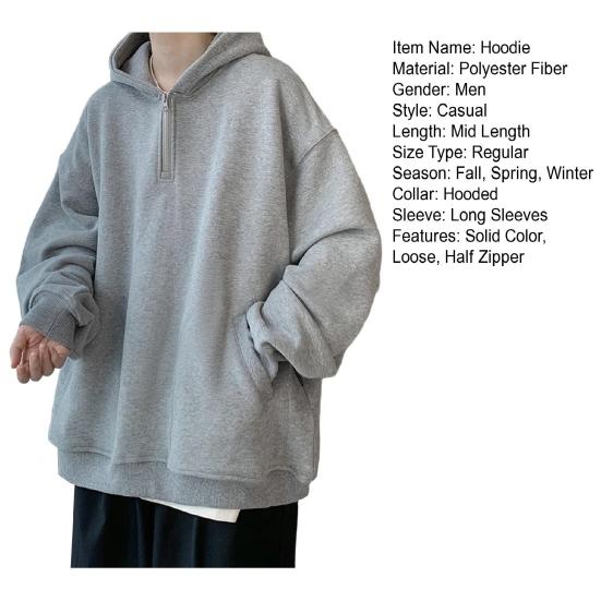 Fall Spring Men Hoodie Half Zipper Hooded Pockets Long Sleeves Loose Elastic Cuff