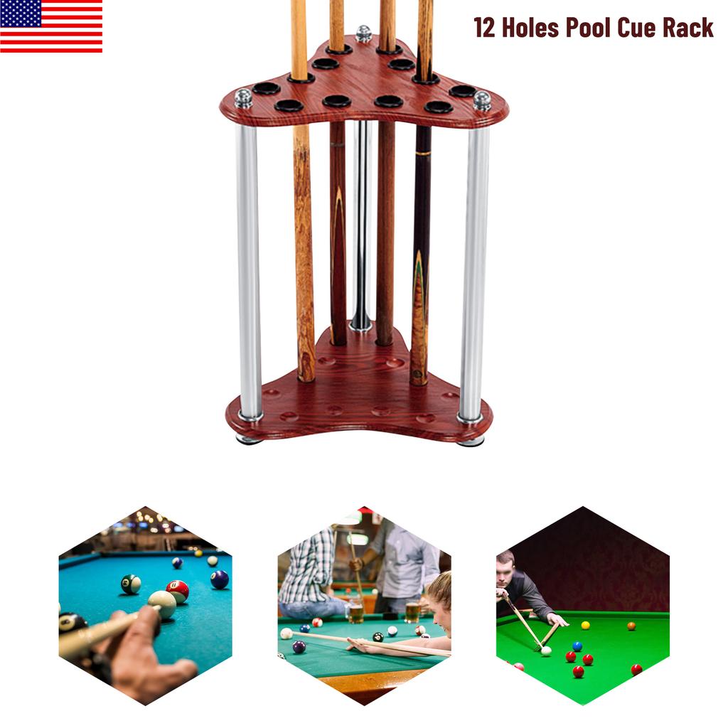 12-Hole Triangle Pool Cue Holder, Floorstanding Corner Stand, Red Modern Design Billiard Cue Rack with 1.37in Diameter Holes