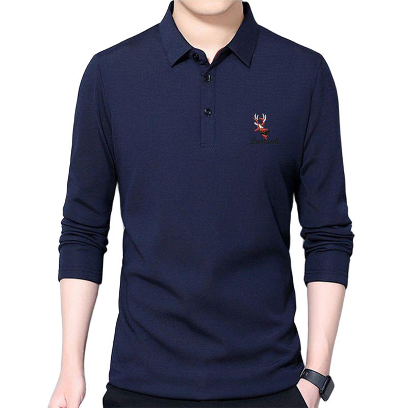 Men's Korean-Style Long-Sleeve Polo Shirt Lapel Casual Button Embroidery Loose Solid Color T-Shirt
