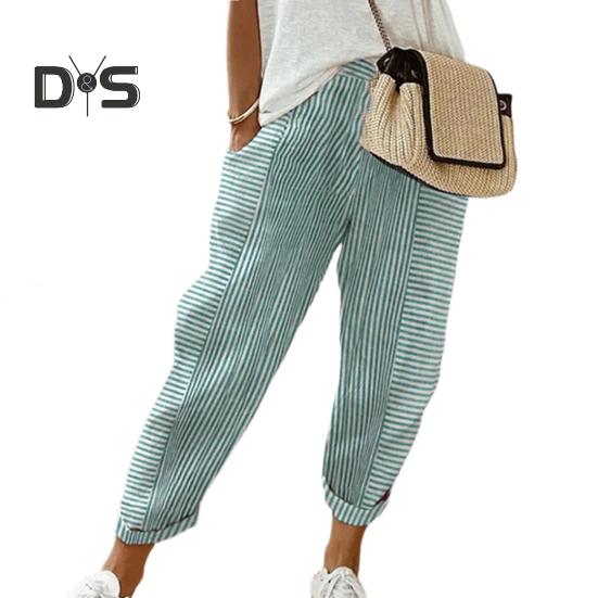 Женские повседневные брюки с эластичной талией и средней посадкой, летние жаккардовые длинные брюки с карманами, полосатые брюки свободного кроя