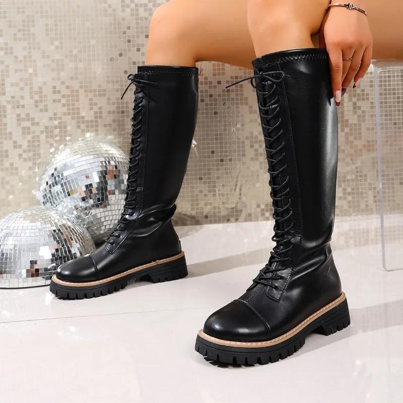 Модные высокие ботинки на шнуровке спереди, женская мода, круглый носок, платформа, противоскользящие, износостойкие, блочный каблук, одинарные ботинки