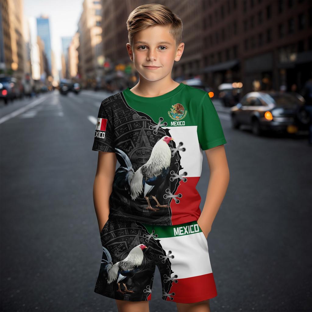 Детский повседневный топ из двух предметов с короткими рукавами и шортами с 3D принтом «Мексиканский петух» для мальчиков и девочек 4–14 лет, детский костюм
