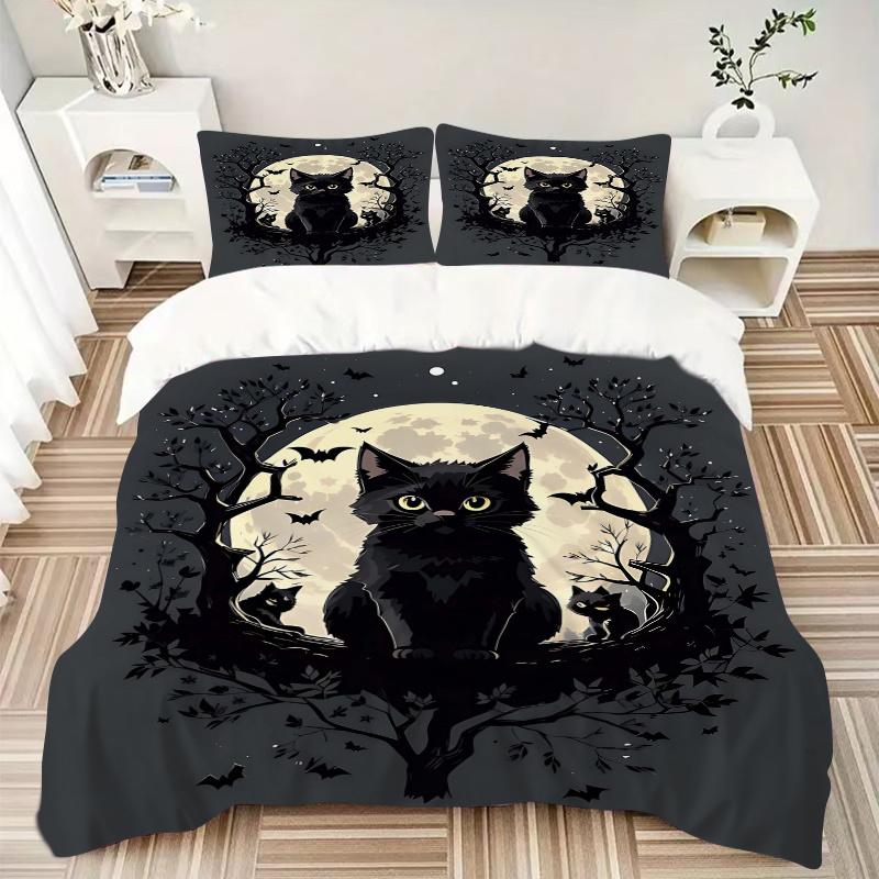 3pcs Moon and Black Cat Creative Design Quilt Cover Set - Soft and Cozy Bedroom, Guest Room and Dorm Decorative Bedding