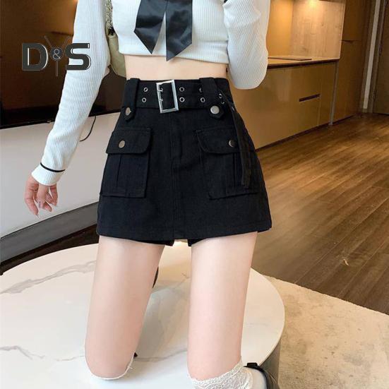 Женская юбка в корейском стиле с высокой талией, мини-юбка с поясом, короткая юбка-кюлот, уличная юбка-карго с большим карманом, шорты, консервативная, не подверженная воздействию, леди