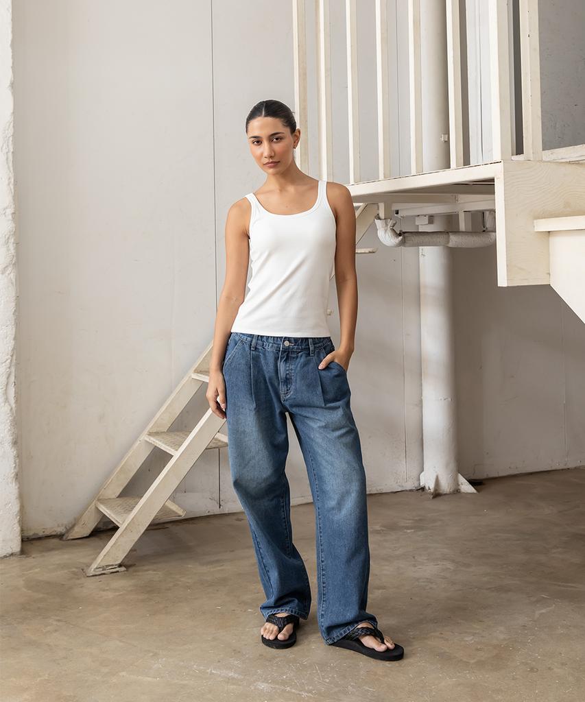 CHAMBROS Non-Faded Wide Denim Pants [Basic Blue]