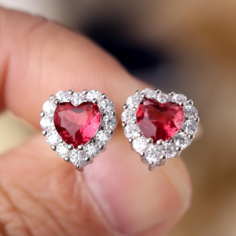 Real S925 Sterling Silver Aqua Blue Green Red Pink Heart Zircon Stud Earrings for Women Fashion Wedding Jewelry