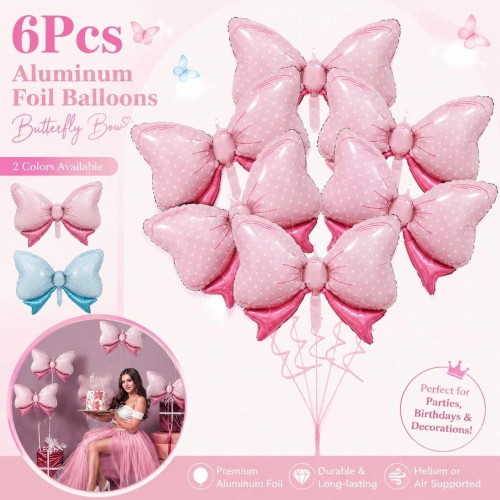 6Pcs Reusable Aluminum Foil Balloons Blue Pink Party Balloons Bow Balloons Birthday Party
