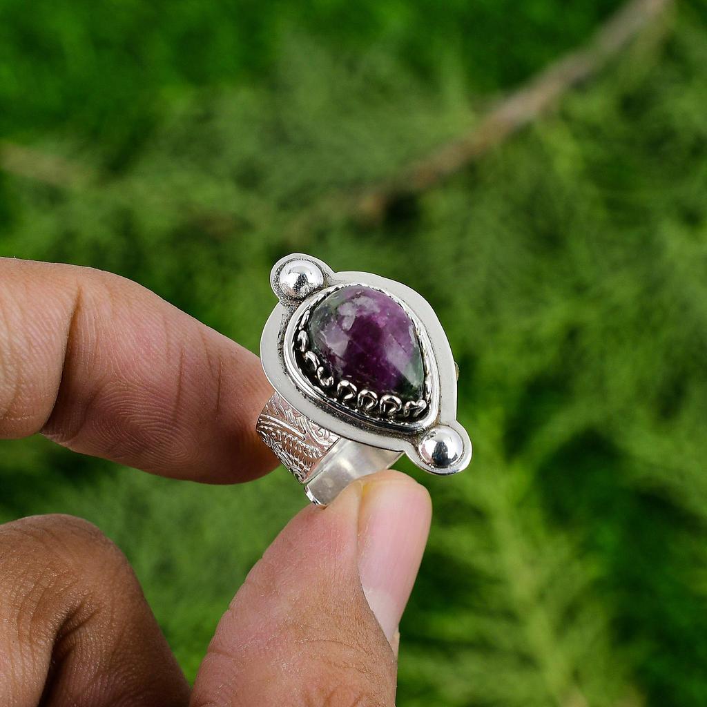 Подарок для женщин Кольцо-солитер регулируемого размера Серебро 925 пробы Натуральный рубин Цоизит