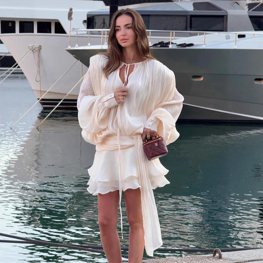 Шифоновое платье с длинным рукавом, летнее, европейское и американское, с рукавами-фонариками, на шнуровке, короткая юбка, платье с оборками по краю в виде листьев