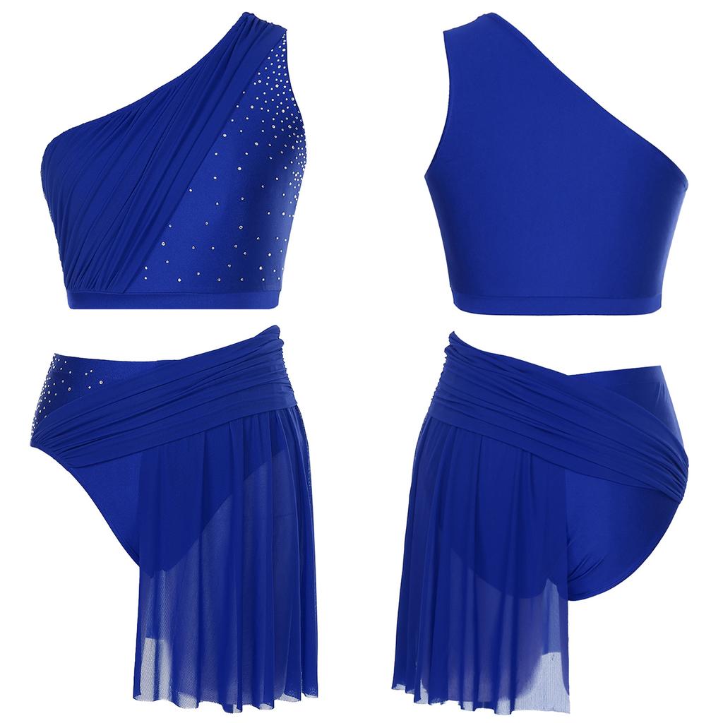 Женский лирический танцевальный костюм, укороченный топ на одно плечо с сетчатой юбкой, трусы, двухкомпонентный современный наряд