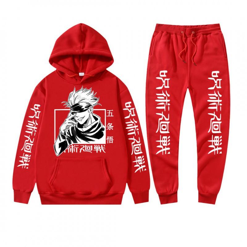 Mens Winter Hooded Sweatshirt Set With Jujutsu Kaisen Gojo Satoru Print Thick Casual Streetwear Tracksuit