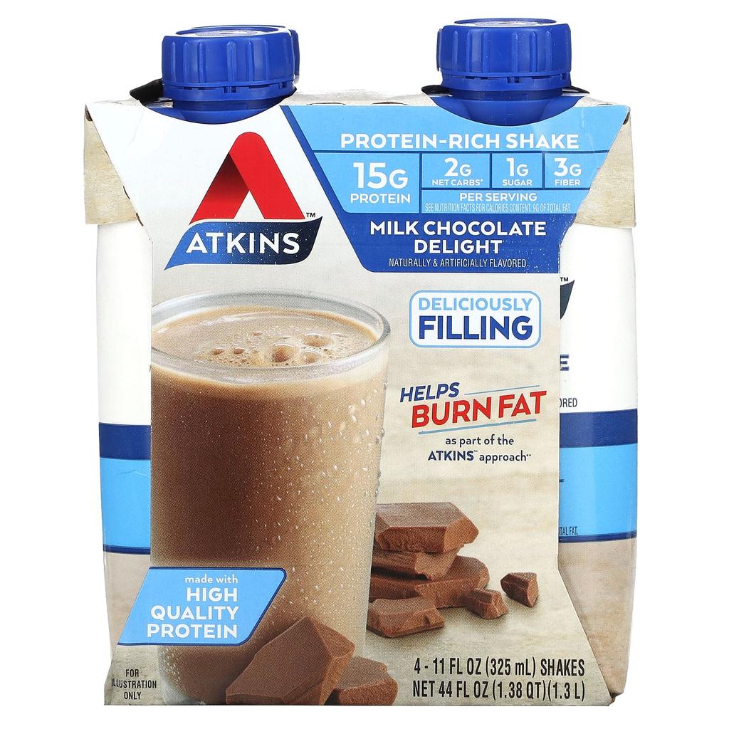 Atkins Protein Rich Shake, Milk Chocolate Delight, 4 Shakes, 11 Fl Oz (325 Ml) Each