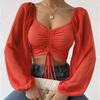 Summer New V-neck Chiffon Drawstring Lantern Sleeve Tight Fashion Sexy Shirt Top