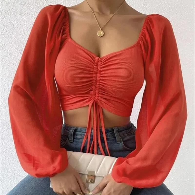 Summer New V-neck Chiffon Drawstring Lantern Sleeve Tight Fashion Sexy Shirt Top