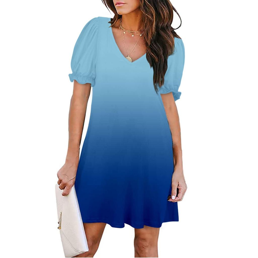 Women's Summer Fashion Gradient Color V-neck Petal Sleeve Short Sleeve Pocket Dress