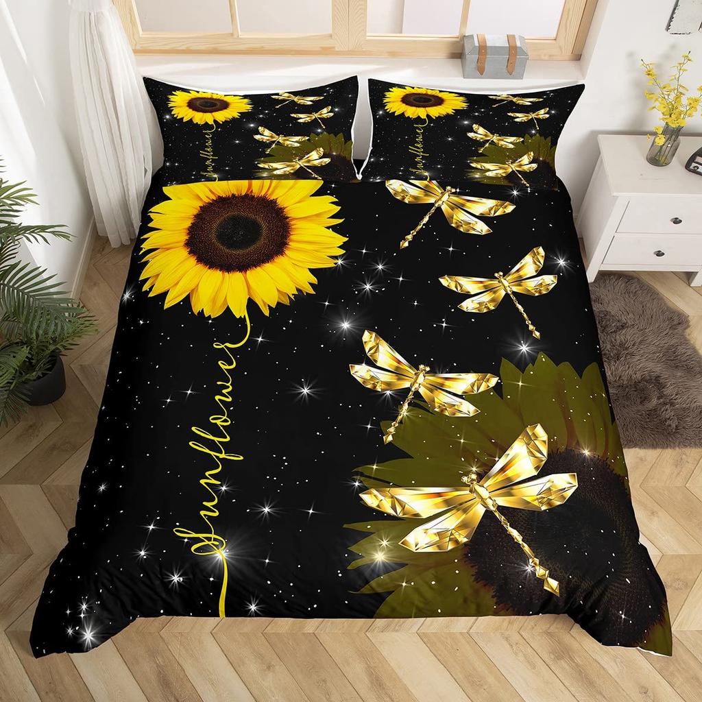 Dragonfly Duvet Cover Queen Botanical Floral Comforter Cover Vintage Style Sunflower Bedding Set Natural Pastoral Spring Decor