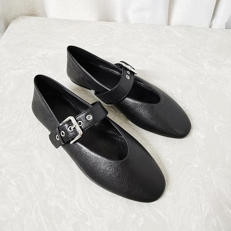 Женские туфли Мэри Джейн 2025 Осень Черная искусственная кожа Винтажные балетки Женская мода Пряжка-ремень Круглый носок Балетки