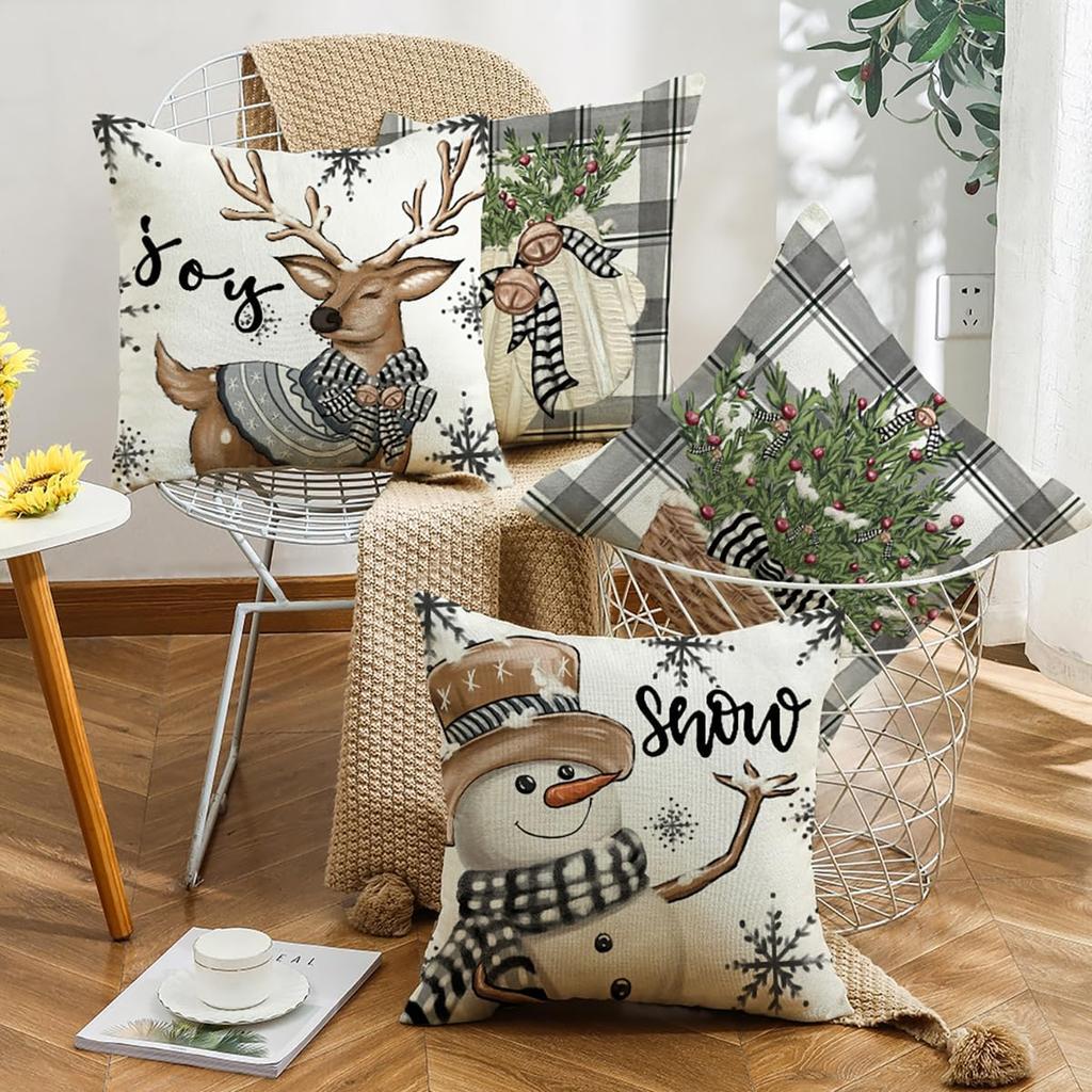 4 Set Christmas Cushion Cover Pillowcase 45cm Xmas Reindeer Snowman Cushion Covers Decorations for Home Ornament New Year Decor