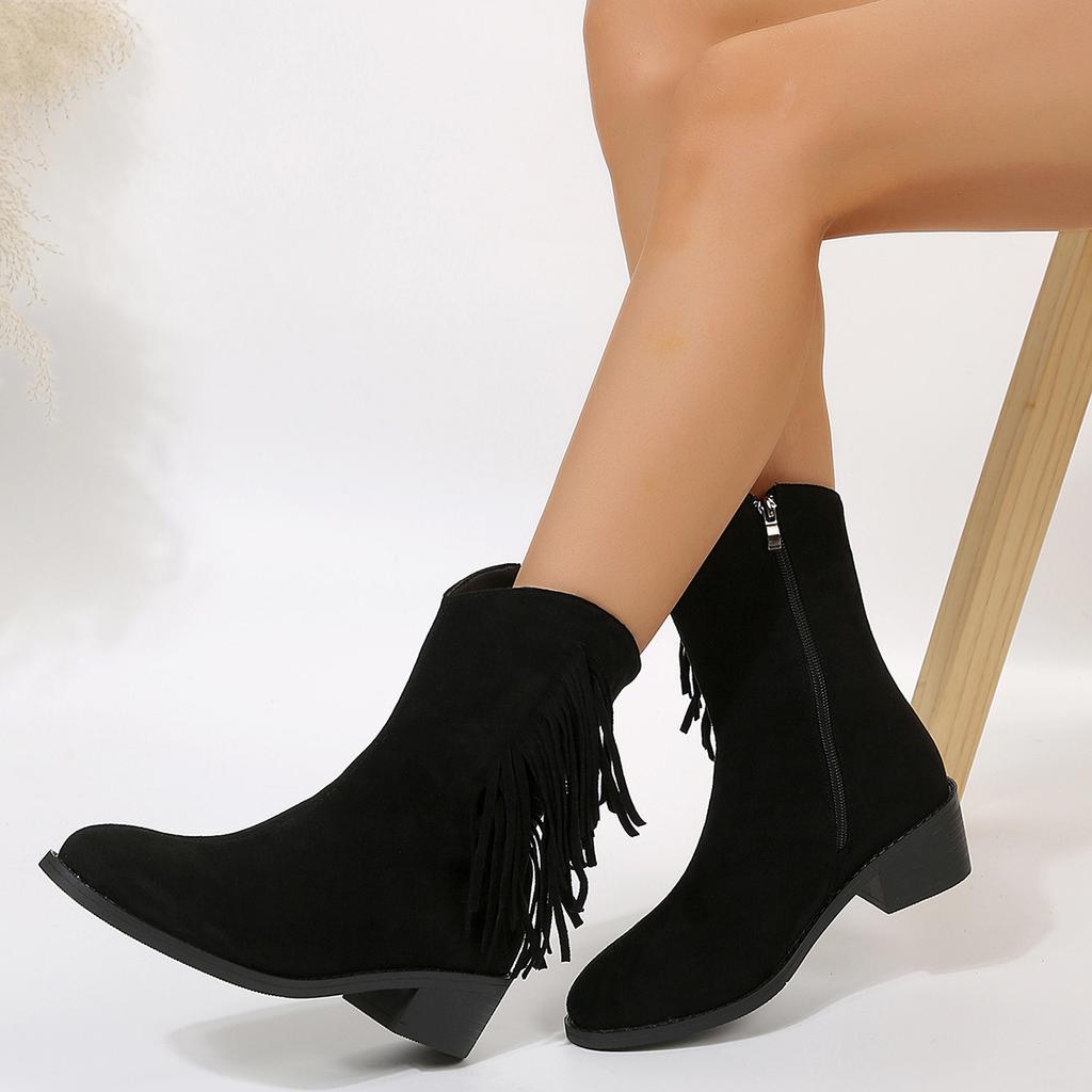 Осенние женские сапоги с бахромой из флока, ботильоны в ковбойском стиле, застегивающиеся на острые матовые квадратные каблуки, короткие джинсовые сапоги для женщин