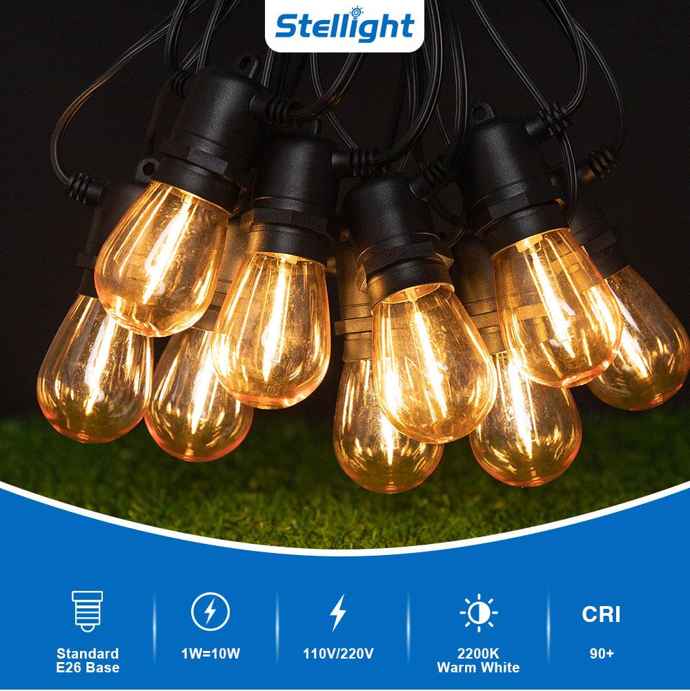 S14 1W Gold Plated E26 LED Garland Festoon String Light 10m 48ft IP45 Rated Dimmable Rechargeable Outdoor Garden Holiday Camping
