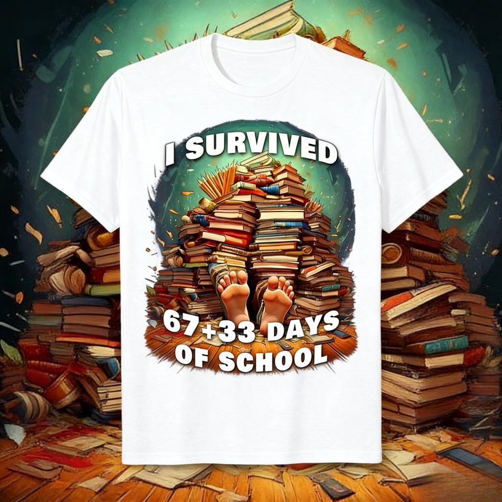 I Survived 67 Days 33 Days 67 School Life Emojis Mens and Womens Comfortable Cotton Tshirts Shortsleeved Tops