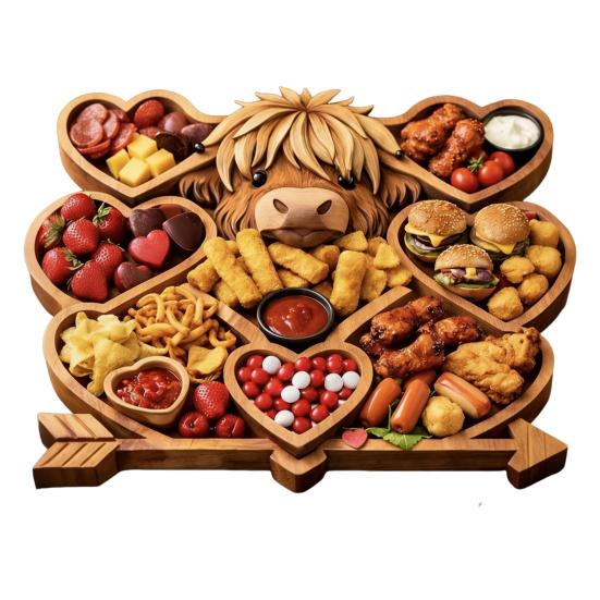 Доска для закусок Highland Cow, деревенский поднос с отделениями, деревянное блюдо для сыра, фруктов и закусок для вечеринки.