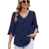 Women's Spring and Summer New Solid Colour V-neck Ruffled Loose Mid-sleeved Chiffon Shirt Shirt