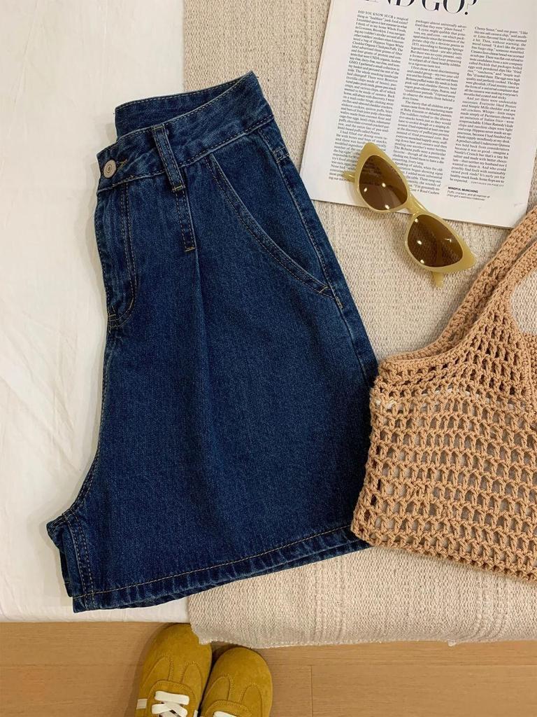 Plus-Size High-Waist Wide-Leg Denim Shorts for Pear-Shaped Women - Summer Slimming Pleated A-Line Hot Pants