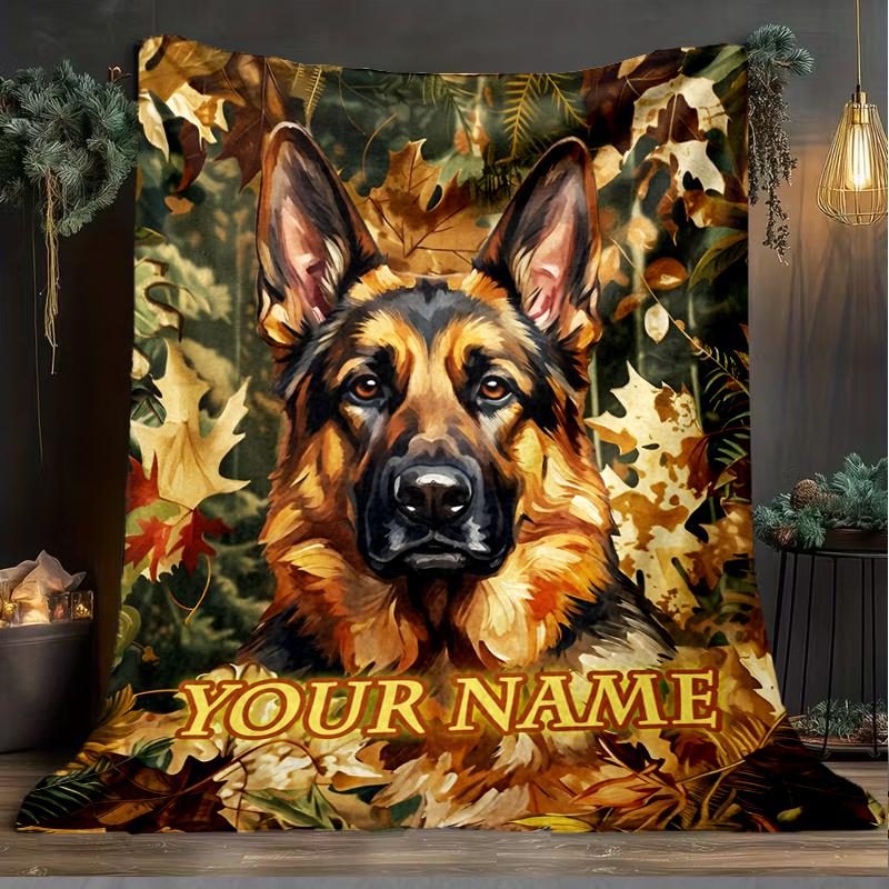 1PC Custom Name Autumnal German Shepherd Portrait flannel blanket versatile,all-season throw suitable for the living room,bedroom,camping,travel,and g