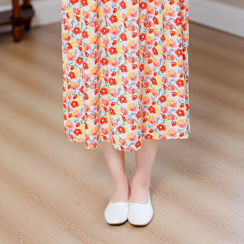 Plus Size Elegant Loose Dresses for Women Oversize Short Sleeve Vintage Print Long Dress Casual Middle-aged Women's Clothing