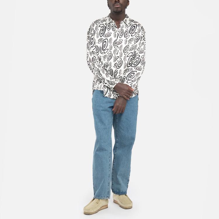 Stussy Шелковая рубашка Swirly S с полным принтом, длинный рукав, американская винтажная рубашка, мужские рубашки 1110242
