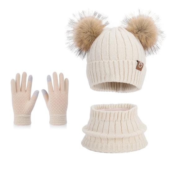 3Pcs/Set Children Winter Hat Scarf Gloves Set Plush Lining Fluffy Ball Decoration Knitting Hat Neckerchief Gloves Set