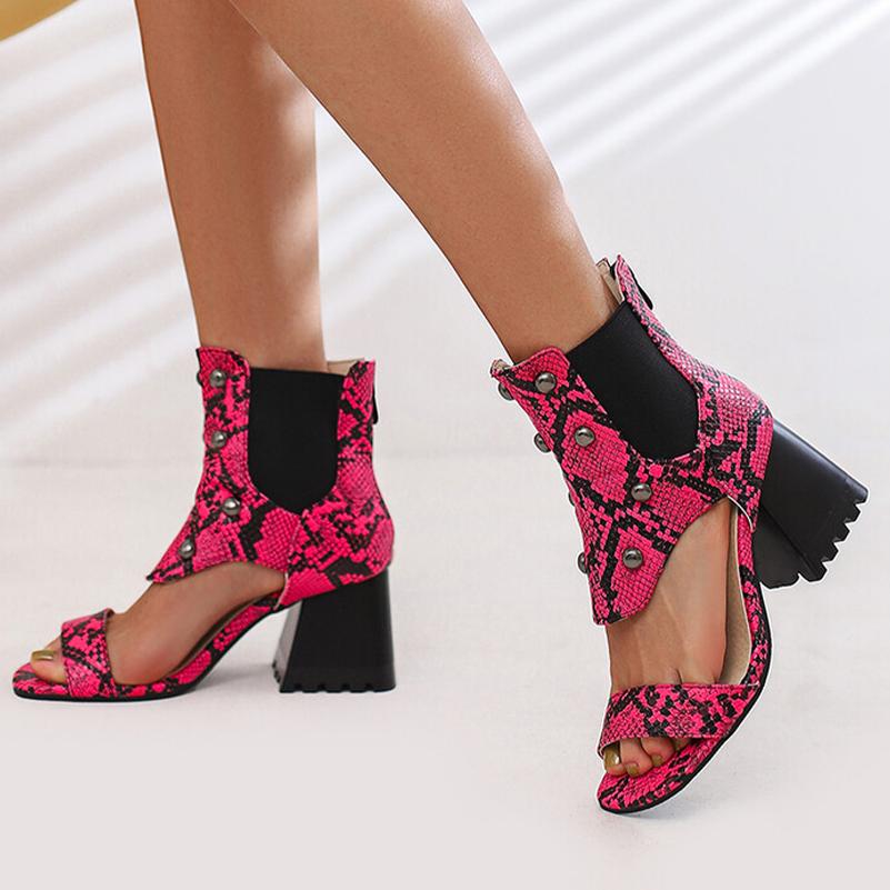 Женские сандалии на толстом высоком каблуке с круглым носком и застежкой-молнией и заклепками, модная вечерняя летняя обувь черного, белого, коричневого, розового цвета