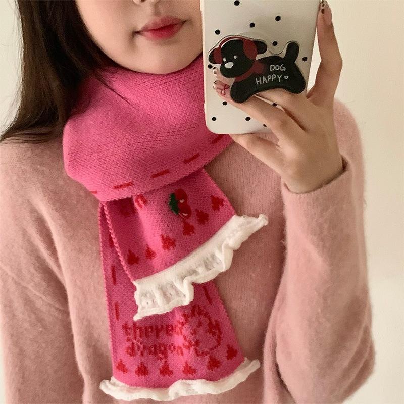 Winter New Style Fashion Girl Lace Knitted Scarf Women's Thickened Warm Scarf Fashion Sweet and Cute