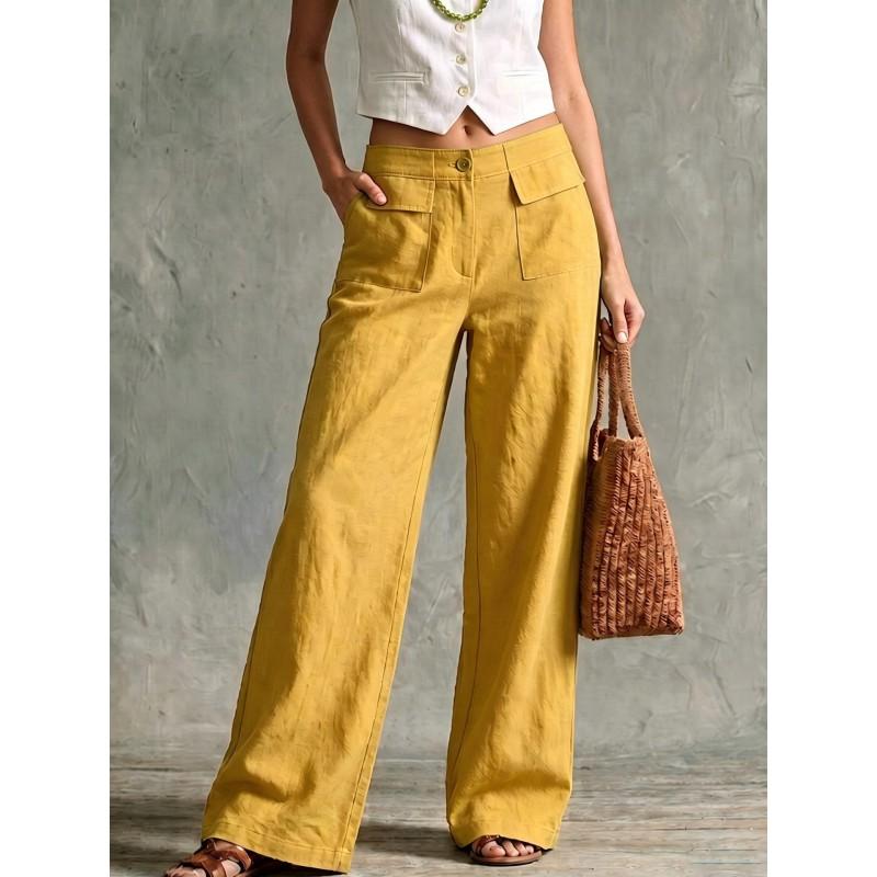 2026 Womens Cotton Linen Blend Wide Leg Pants Solid Color High Waist Loose Casual Trousers Daily Wear
