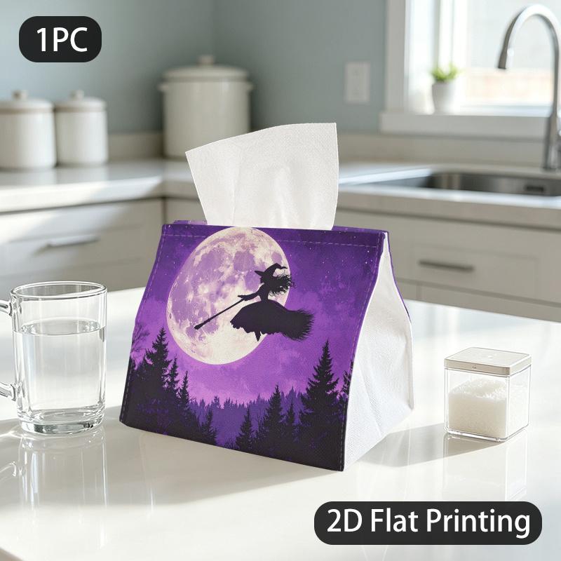1pc Tissue Box, Mystical Fantasy Witch Moon Enchanted Flight Pattern, 2D Flat Printing, Polyester Fabric, Take Anywhere, Tissue Container, for Bedroom