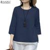 Women Casual Round Neck 3/4 Sleeve Loose Cotton Blouse