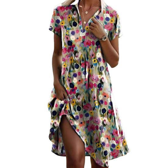 Женское платье в стиле бохо с цветочным принтом, летнее повседневное платье миди с V-образным вырезом и коротким рукавом, свободное платье-трапеция для пляжного отдыха