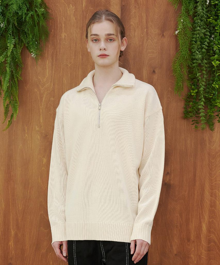 BLOND9 Plain Half Zip Knit Top_Ivory