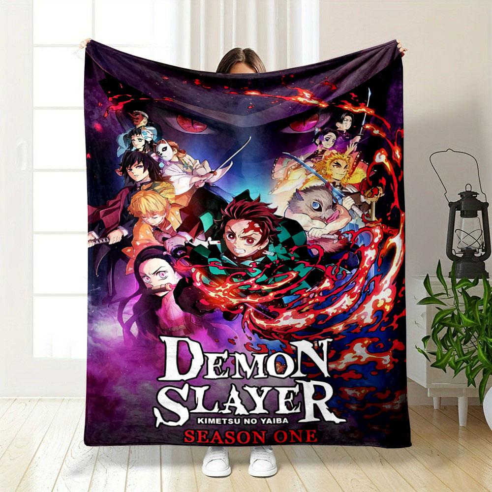 An anime-style ensemble with fiery sword motifs and intense red eyes backdrop. for all seasons blanket lunch break throw gift