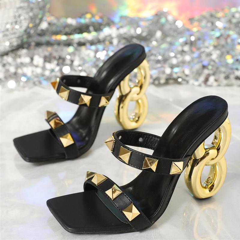 Liyke Странный стиль ажурные каблуки современные тапочки женские уличные сексуальные квадратные носки металлические заклепки дизайнерские сандалии женские туфли-лодочки