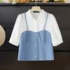 ZANZEA Women Casual Turn Down Collar Patchwork Short Sleeve Blouse