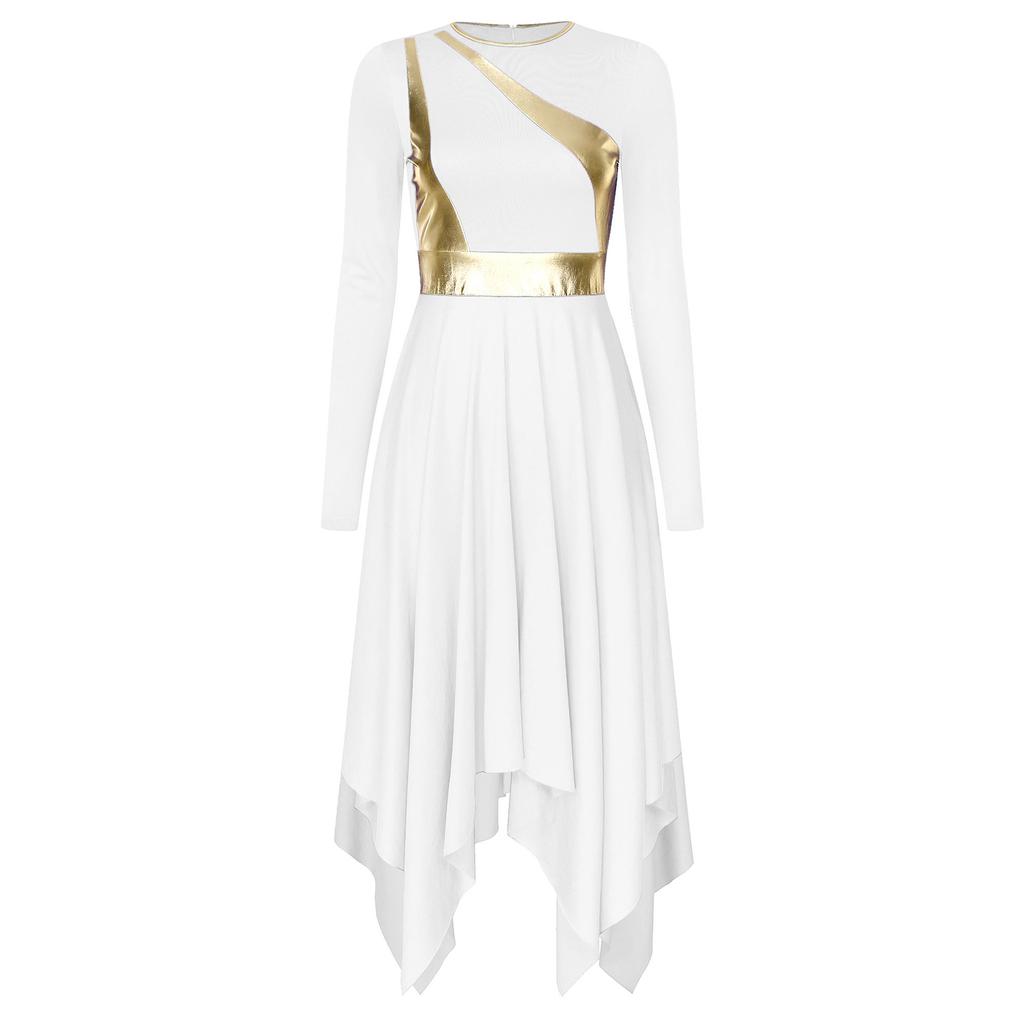 Женское литургическое танцевальное платье Металлический неровный подол Круглый вырез Длинный рукав Одежда для выступлений