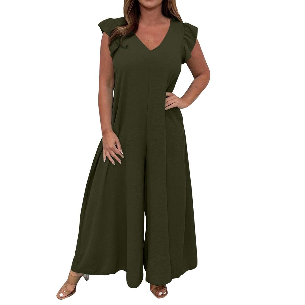 Women's Casual Solid Color Back Tie Ruffled Wide Leg Long Pants Jumpsuit