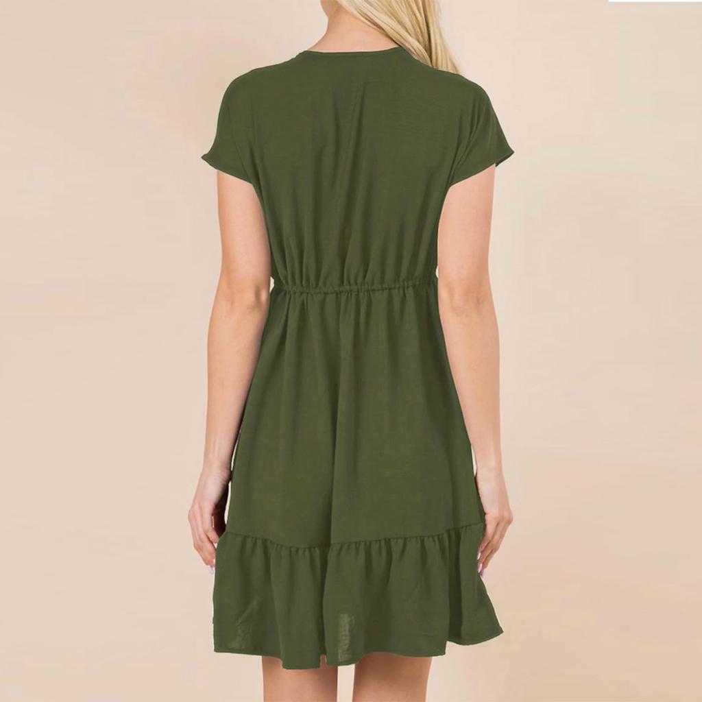 Womens Summer Dresses Short Sleeve V Neck Drawstring Casual Ruffle A-Line Swing Dress