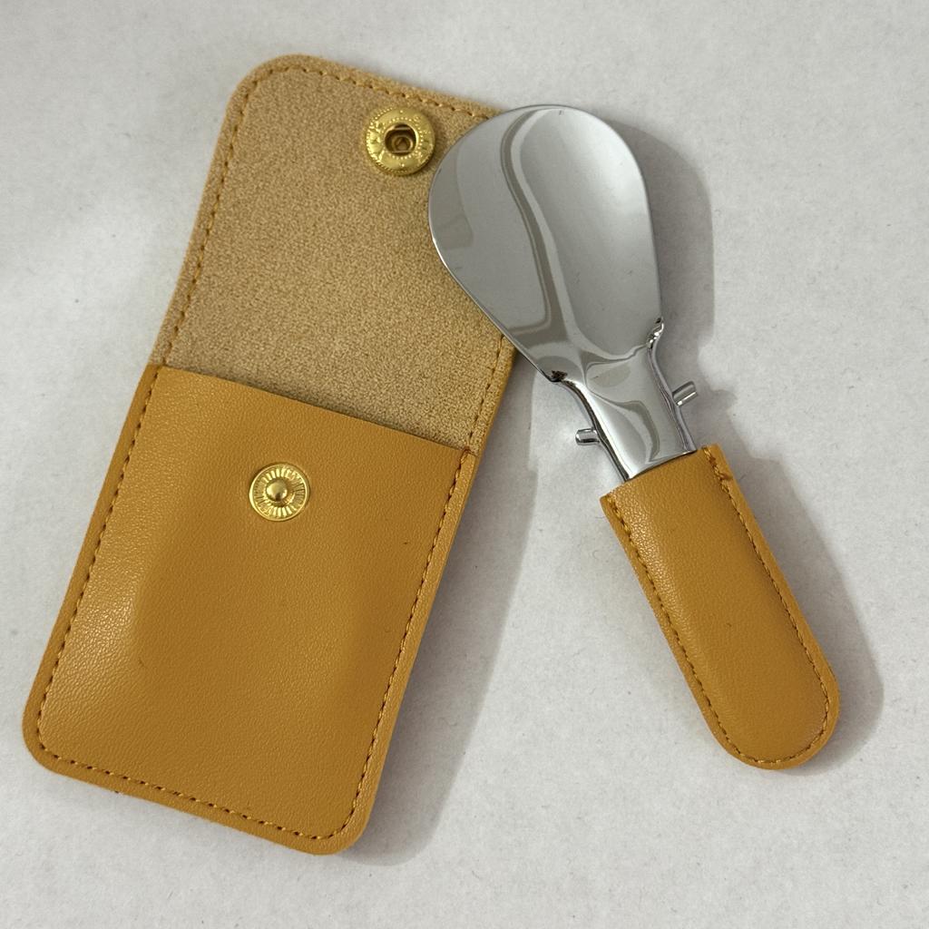 Stainless Steel Folding Shoe Horn PU Leather Small Bag Keychain Lazy Shoe Lifter Portable Shoe Puller Helper Men Women Daily Use